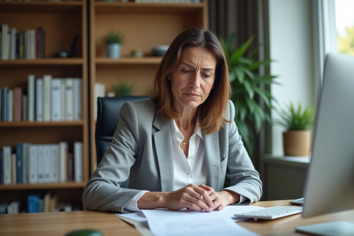 Femme consultant des documents relatifs à un fichage abusif dans un bureau à domicile