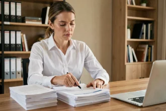 Femme professionnelle consultant un contrat d'assurance emprunteur à son bureau pour changer d'assurance selon la loi Bourquin