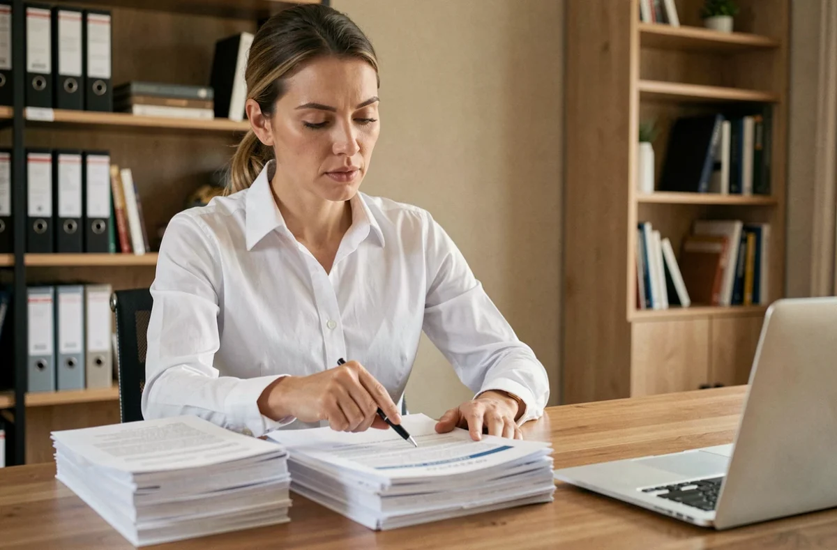 Femme professionnelle consultant un contrat d'assurance emprunteur à son bureau pour changer d'assurance selon la loi Bourquin