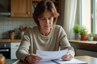 Femme consultant son contrat d'assurance habitation Pacifica à la table de cuisine