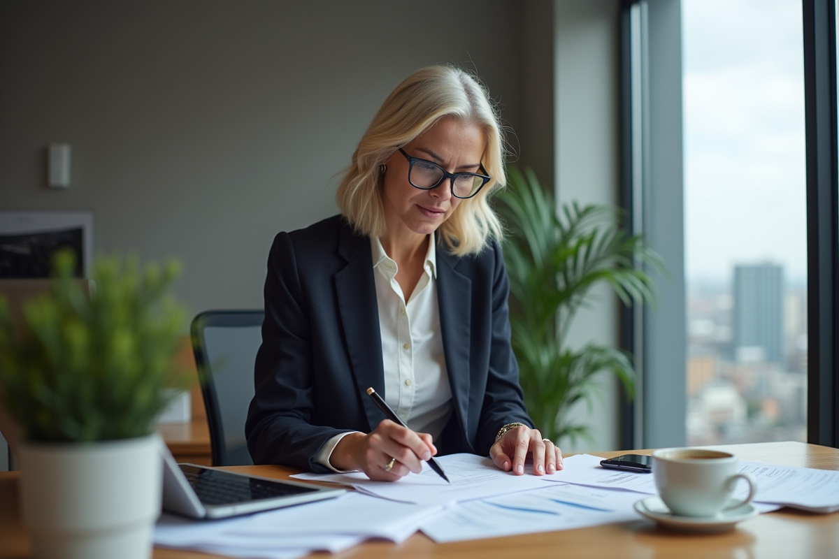 Femme d affaires examinant des documents de crypto au bureau