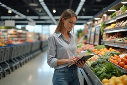 Femme examinant son reçu au supermarche