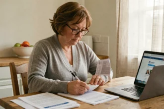 Femme consultant des documents administratifs liés aux APL et aux revenus fonciers à déclarer