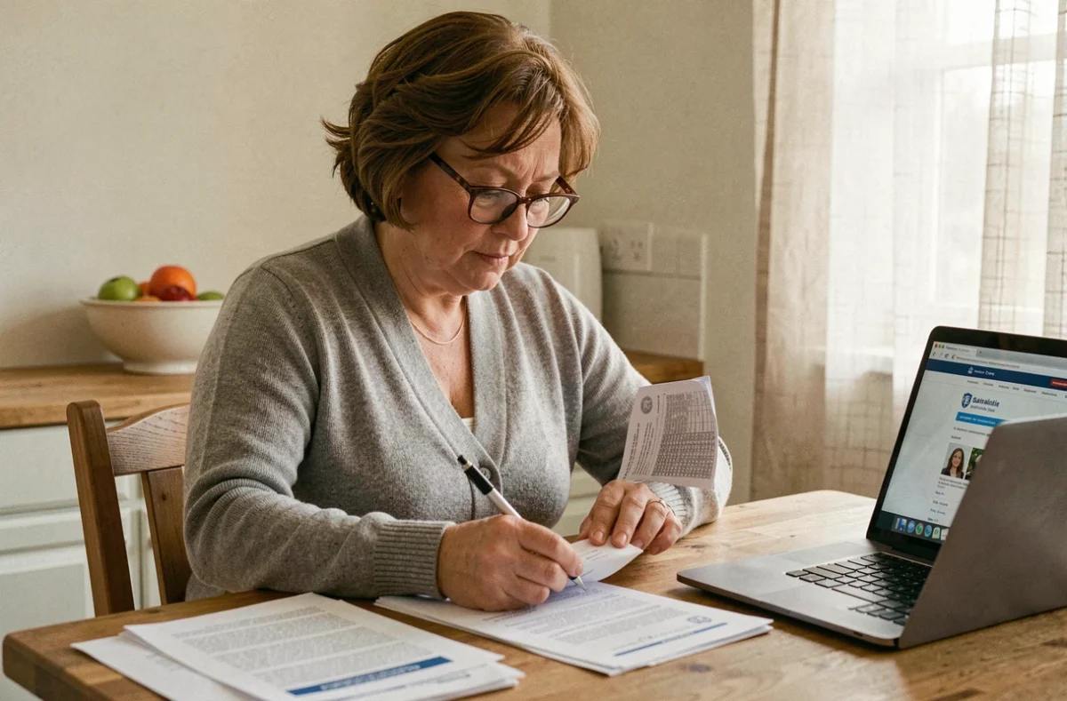 Femme consultant des documents administratifs liés aux APL et aux revenus fonciers à déclarer