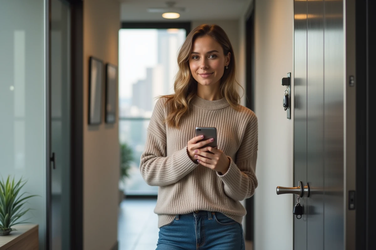 Femme souriante tenant une clé dans un appartement moderne