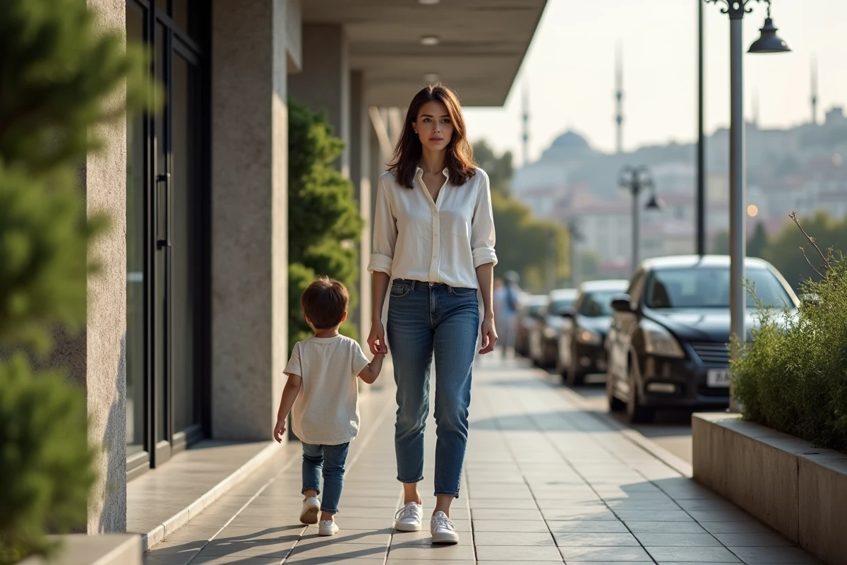 Jeune femme expatriée avec enfant devant immeuble moderne d