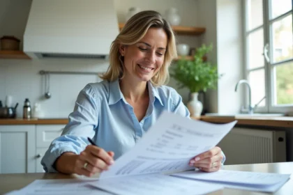 Femme vérifiant ses factures à la maison grâce à la prime pouvoir d'achat 2026