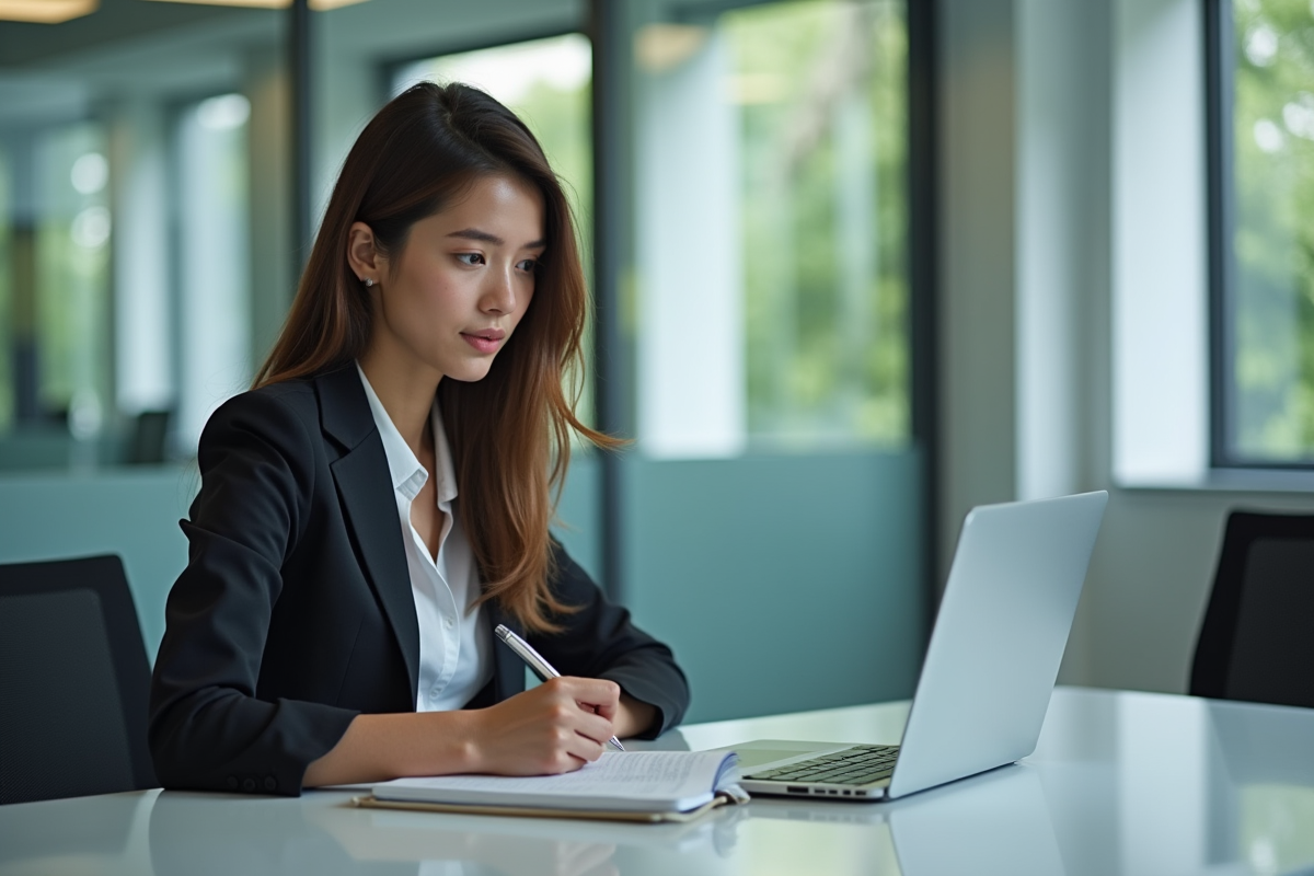 Jeune femme prenant des notes devant un graphique financier au bureau