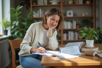 Femme d'âge moyen examine documents financiers à la maison