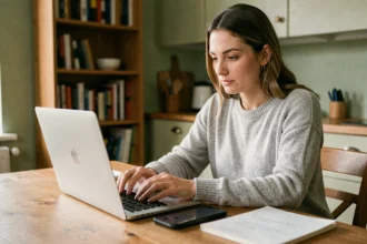 Femme utilisant un ordinateur portable pour gérer une cagnotte en ligne depuis son domicile