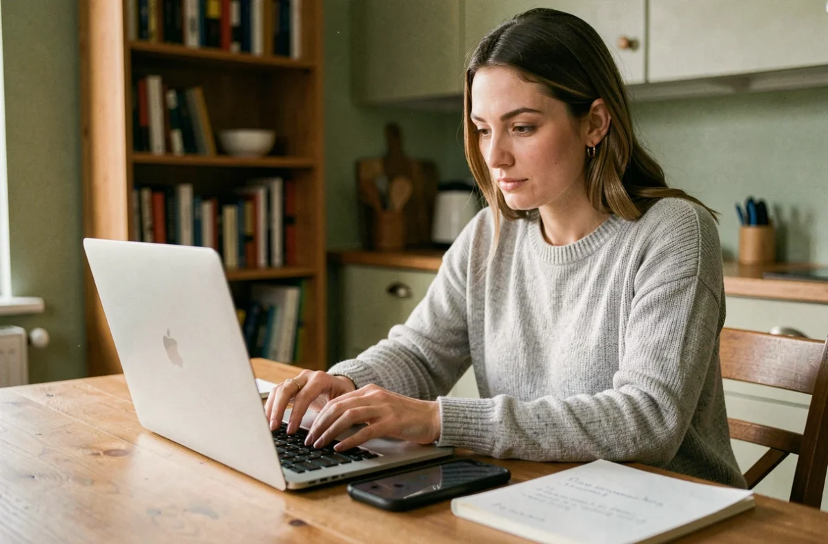 Femme utilisant un ordinateur portable pour gérer une cagnotte en ligne depuis son domicile