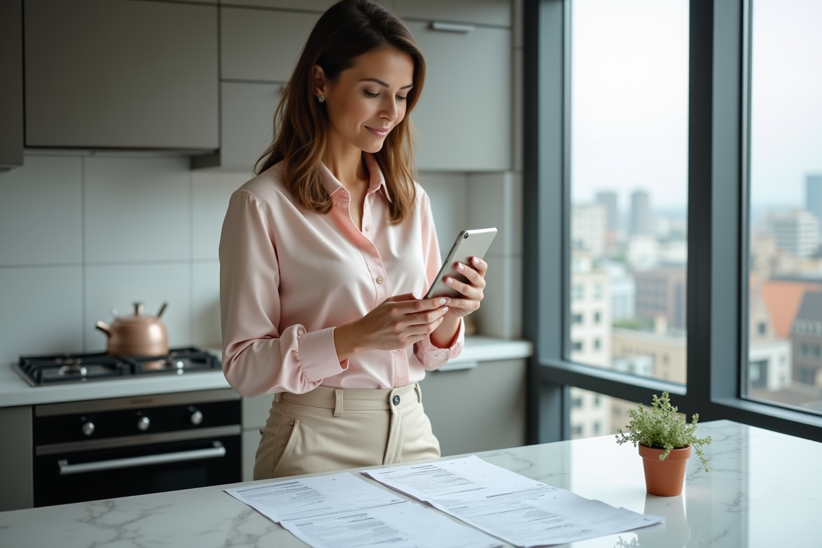 Femme dans la cuisine urbaine consulte smartphone