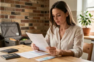 Femme lisant attentivement un contrat d'assurance voyage avant un court séjour, passeport et billet posés sur la table