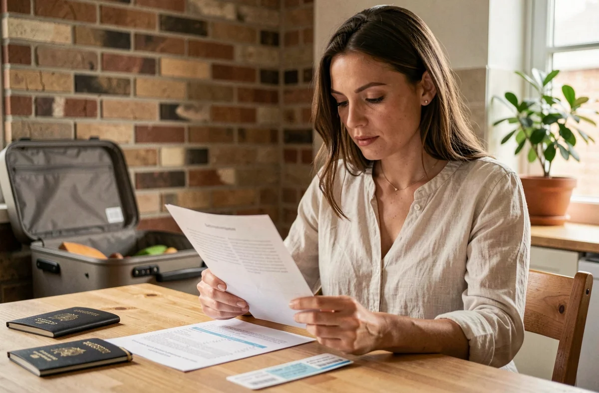 Femme lisant attentivement un contrat d'assurance voyage avant un court séjour, passeport et billet posés sur la table