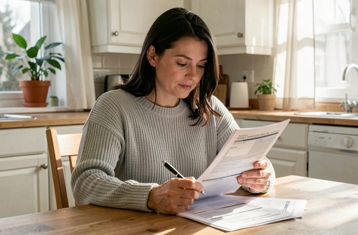 Une femme lit attentivement un contrat d'assurance emprunteur à domicile avant de signer