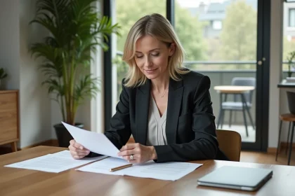 Femme d'âge moyen lisant un contrat de prêt immobilier