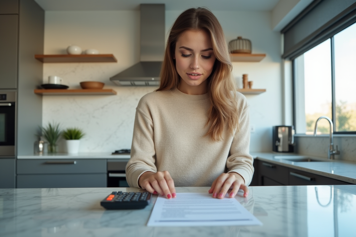 Jeune femme regardant un contrat de prêt dans une cuisine lumineuse