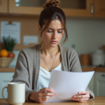 Arrêt de travail : quelles aides disponibles ? Femme lisant des documents dans sa cuisine