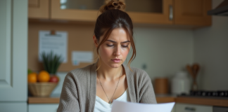 Arrêt de travail : quelles aides disponibles ? Femme lisant des documents dans sa cuisine
