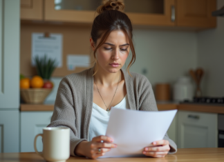 Arrêt de travail : quelles aides disponibles ? Femme lisant des documents dans sa cuisine