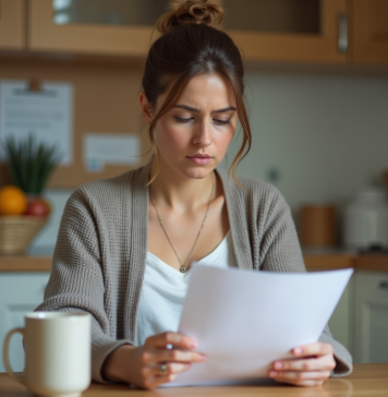 Femme lisant des documents dans sa cuisine