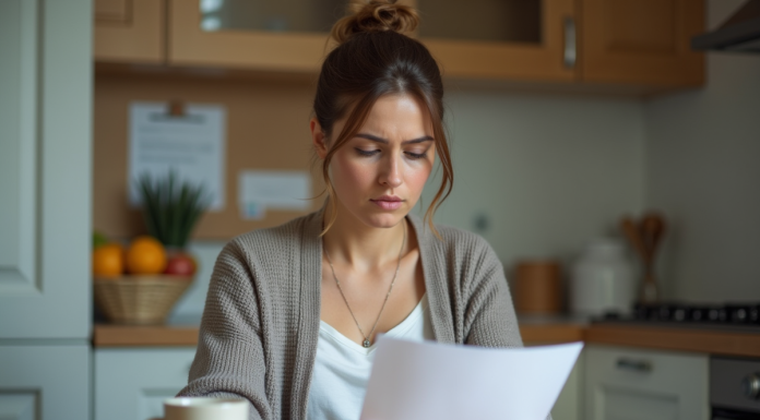 Arrêt de travail : quelles aides disponibles ? Femme lisant des documents dans sa cuisine