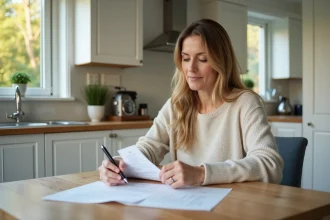 Femme d'âge moyen lisant des documents dans la cuisine