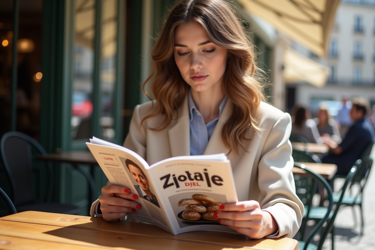 Jeune femme lisant un magazine dans un café parisien
