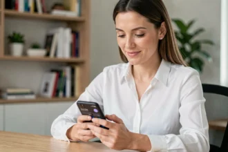 Femme professionnelle gérant ses opérations bancaires en ligne via une application sur smartphone depuis son bureau à domicile