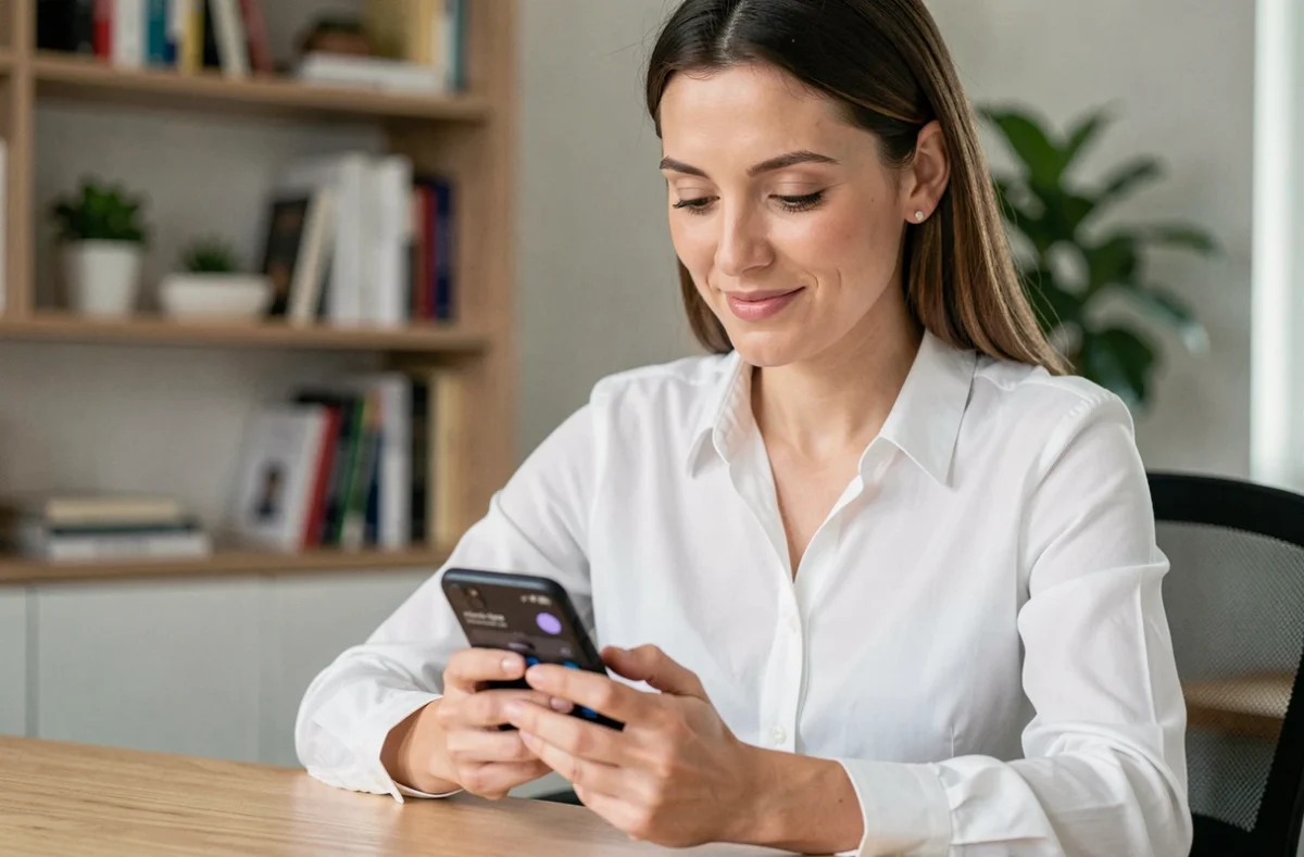Femme professionnelle gérant ses opérations bancaires en ligne via une application sur smartphone depuis son bureau à domicile