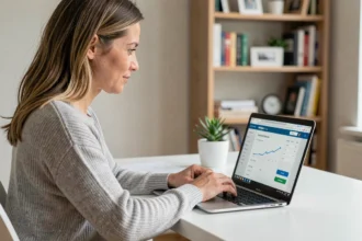 Femme réglant sa facture Free en ligne depuis son bureau à domicile sur un ordinateur portable