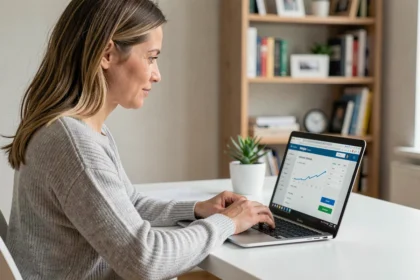 Femme réglant sa facture Free en ligne depuis son bureau à domicile sur un ordinateur portable