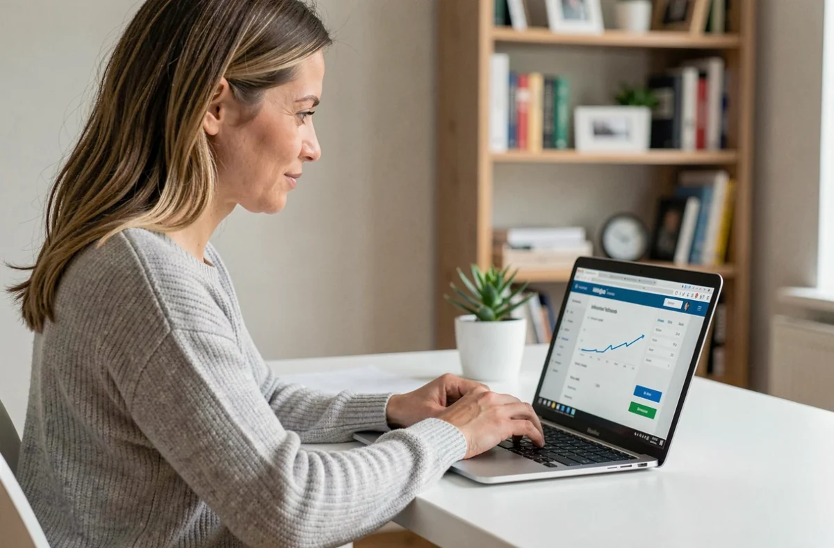 Femme réglant sa facture Free en ligne depuis son bureau à domicile sur un ordinateur portable
