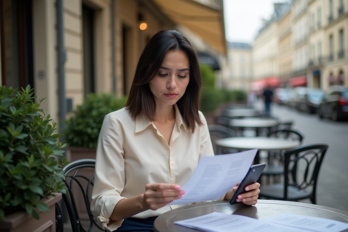 Jeune femme française au café parisien avec papiers et smartphone