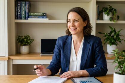 Femme confiante en bureau moderne pour article sur le titre