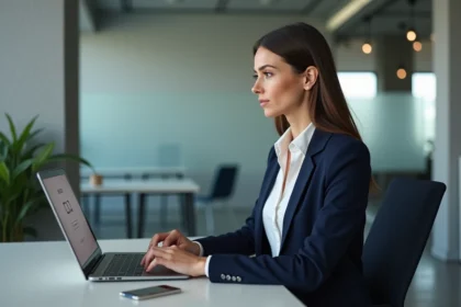 Femme en blazer regardant son ordinateur dans un bureau moderne