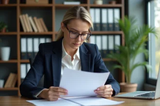 Femme professionnelle en veste bleue analysant un contrat d'assurance IARD ligne par ligne à son bureau