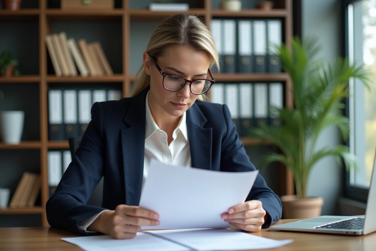 Femme professionnelle en veste bleue analysant un contrat d'assurance IARD ligne par ligne à son bureau
