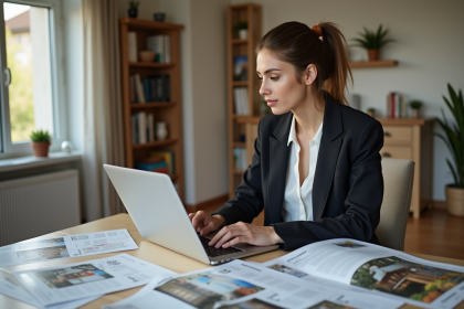 Jeune femme en blazer consulte des annonces immobilières