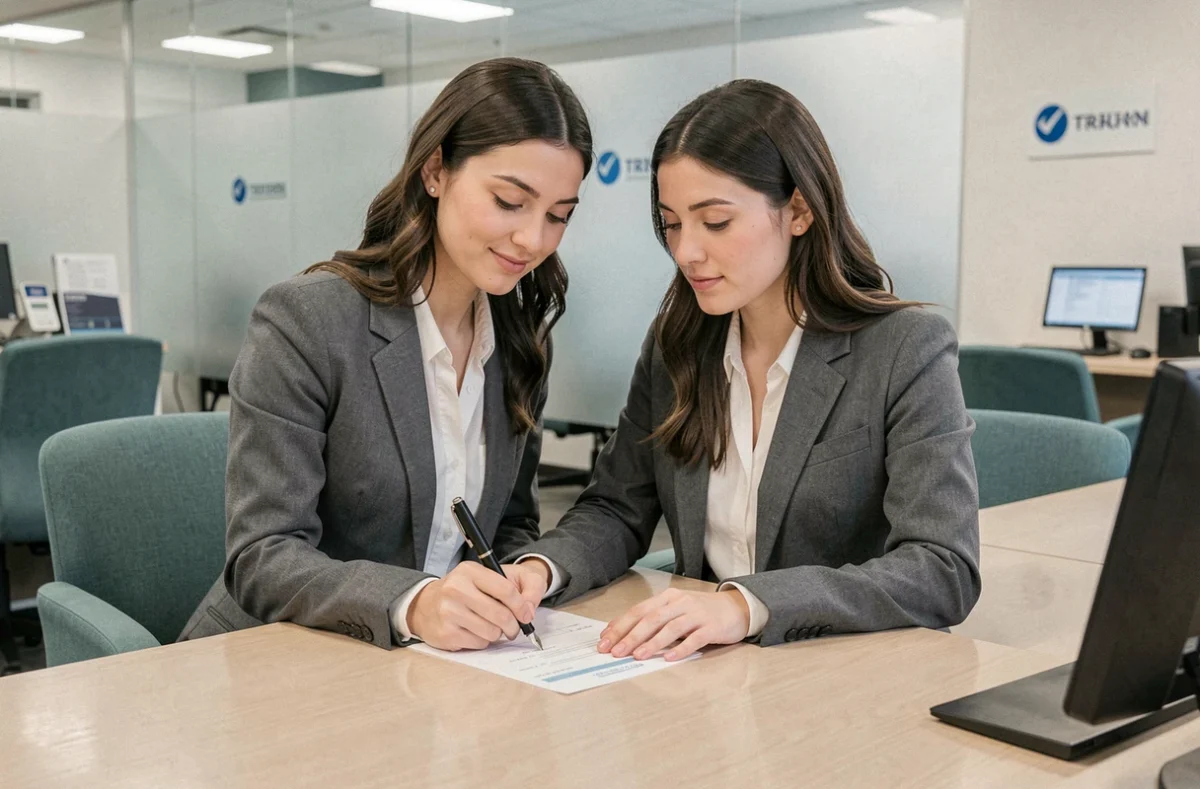 Jeune femme professionnelle remplissant un chèque dans une agence bancaire moderne