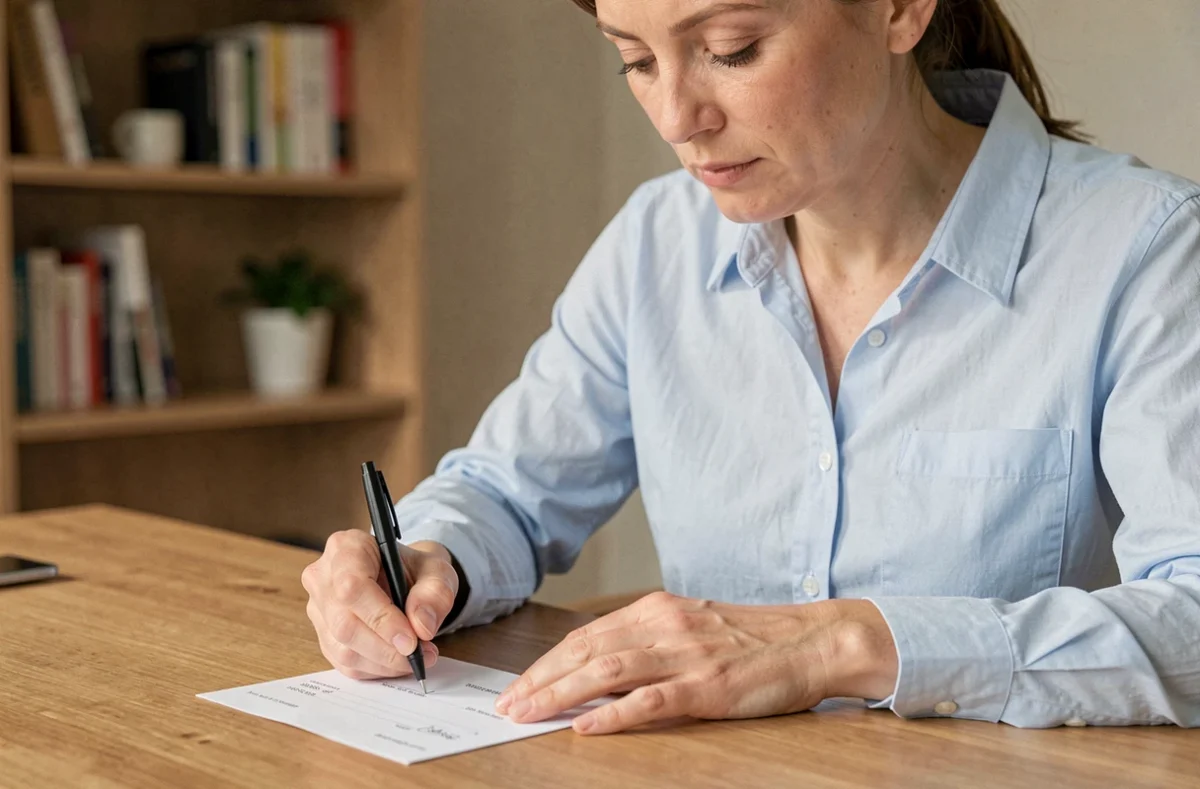 Femme remplissant un chèque à son bureau à domicile avec un stylo à bille noir