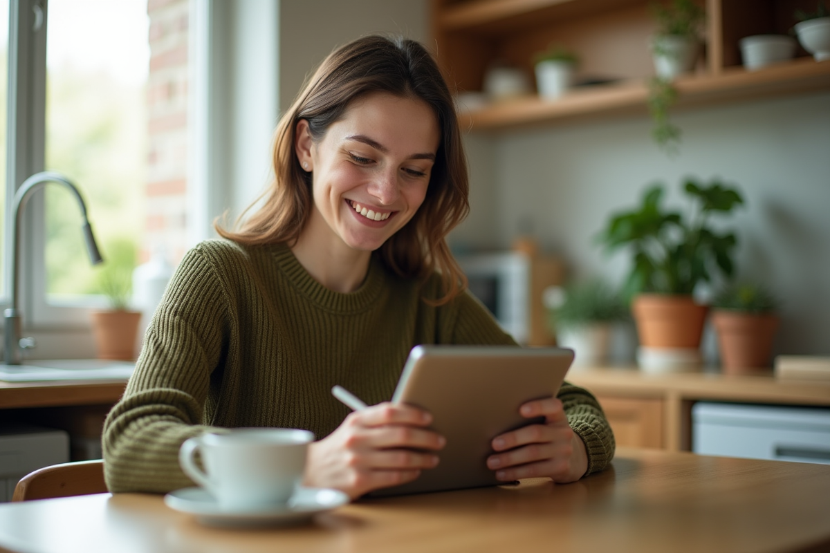 Jeune femme utilise une tablette pour un retrait en ligne à la maison