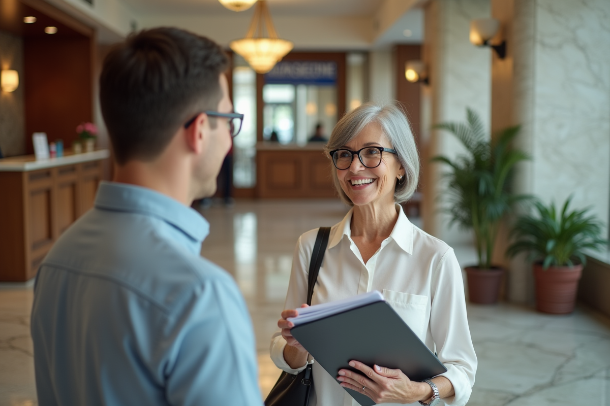 Femme souriante discutant avec un conseiller en banque