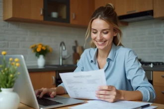 Femme d'affaires vérifiant ses documents fiscaux à la maison
