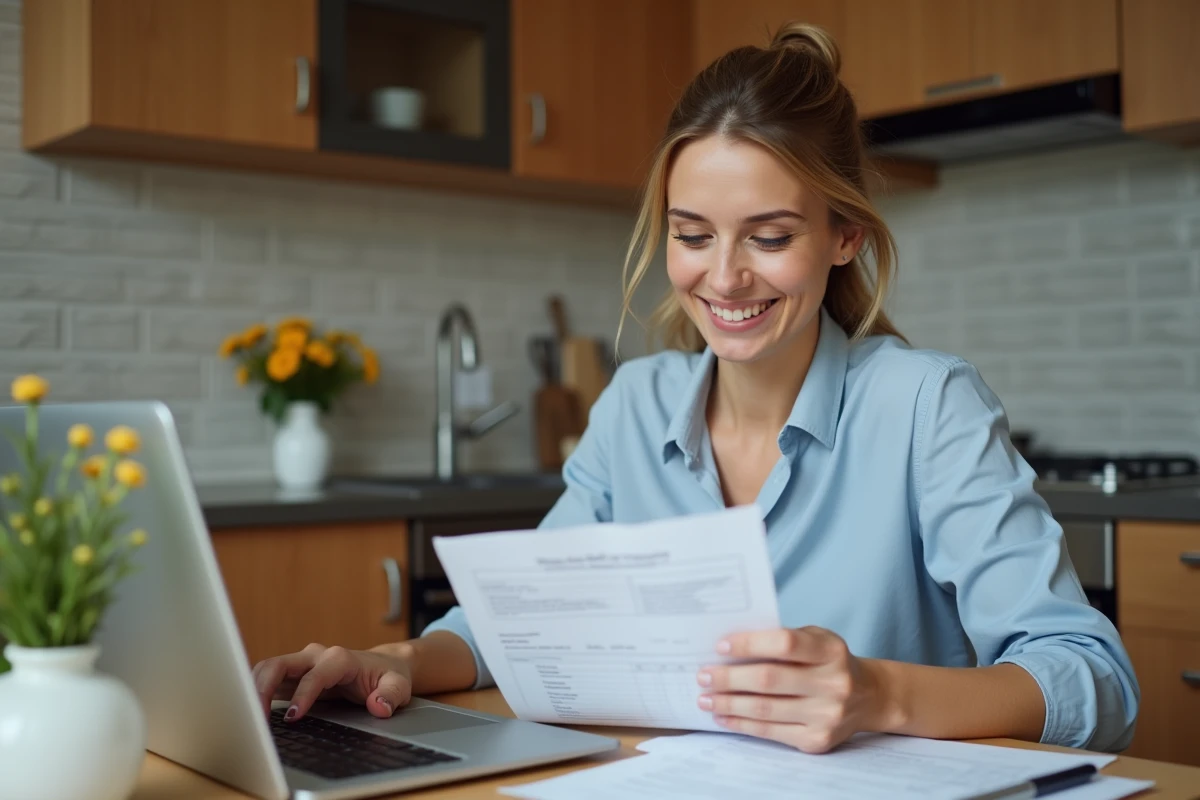 Femme d'affaires vérifiant ses documents fiscaux à la maison