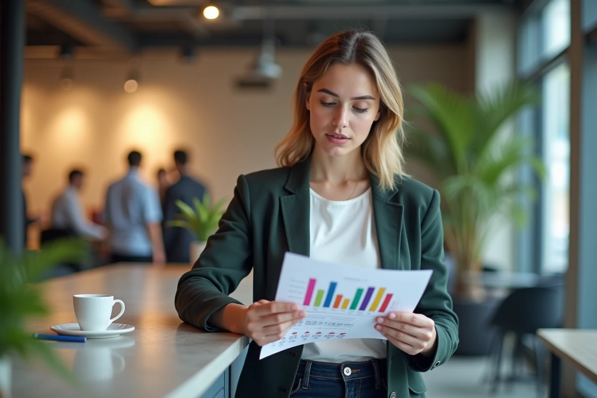 Jeune femme analysant un rapport ROI dans un espace de coworking