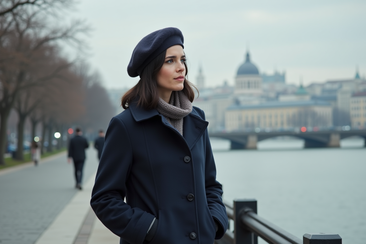 Femme marchant au bord de la rivière par matinée fraîche