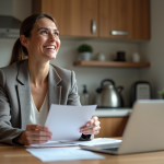 Dispense de frais d’intérêt : Comment en bénéficier et pourquoi c’est important Femme souriante en blazer dans sa cuisine moderne