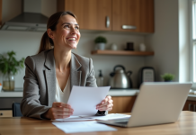 Femme souriante en blazer dans sa cuisine moderne