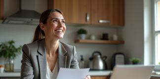 Femme souriante en blazer dans sa cuisine moderne
